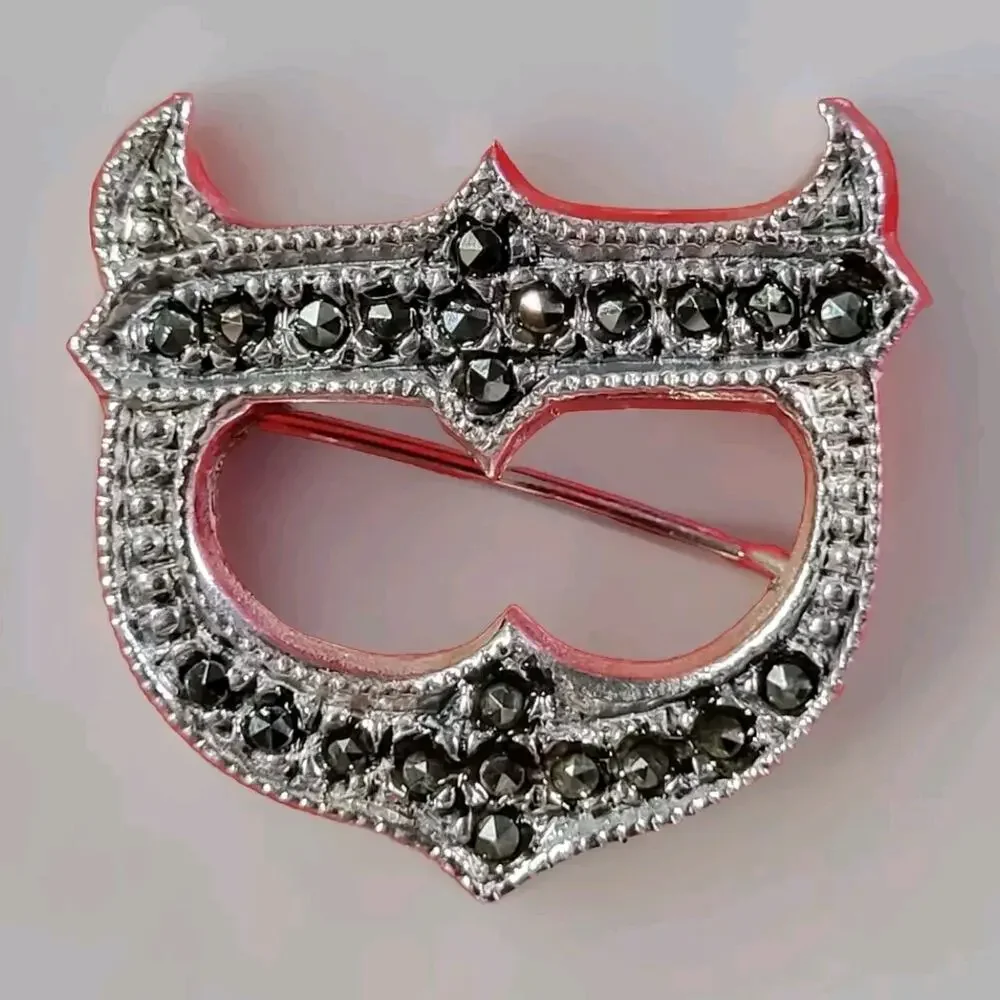 Vintage Sterling Silver 925 Marcasite Gemstones Face Mask Brooch Pin